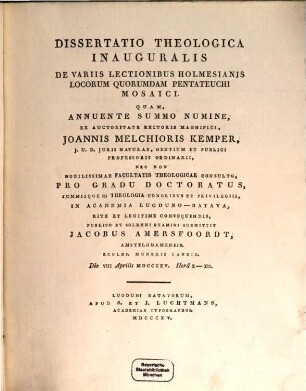 Dissertatio philologica de variis lectionibus Holmesianis locorum quorumdam Pentateuchi Mosaici
