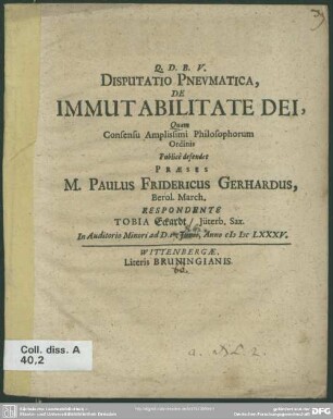Disputatio Pneumatica, De Immutabilitate Dei