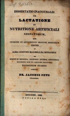 Dissertatio inauguralis de lactatione et nutritione artificiali neonatorum