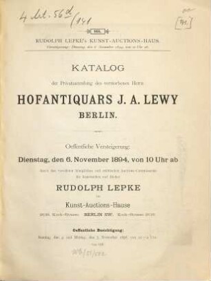 Sammlung von Kunstauctions-Catalogen : Von Rudolph Lepke, 141