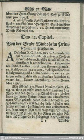 Das 12. Capitel. Von der Stadt Windsheimb Privilegien und Freyheiten
