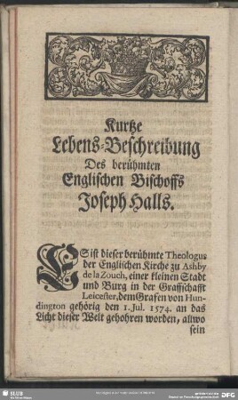 Kurtze Lebens-Beschreibung Des berühmten Englischen Bischoffs Joseph Halls