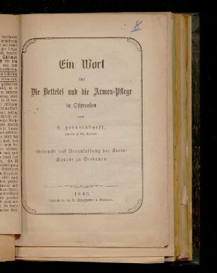 Ein Wort über die Bettelei und die Armen-Pflege in Ostpreußen