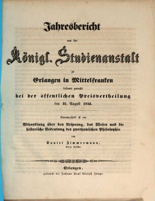 Jahresbericht über die Königliche Studienanstalt zu Erlangen : für das Studienjahr .... 1843