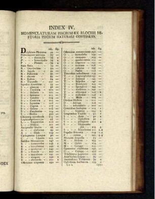 Index IV. Nomenclaturam Piscium Ex Blochi Historia Piscium Naturali Continens