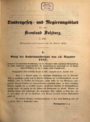 Landes-Gesetz- und Regierungs-Blatt für das Herzogthum Salzburg. 1852