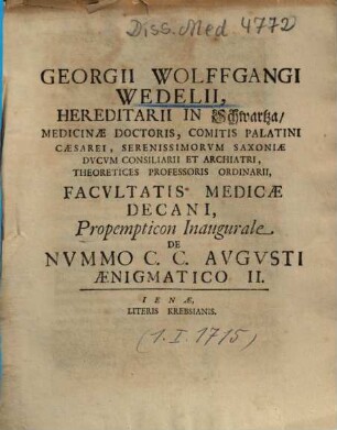 Georgii Wolffgangi Wedelii ... Propempticon Inaugurale De Nvmmo C. C. Avgvsti Aenigmatico ..., II.