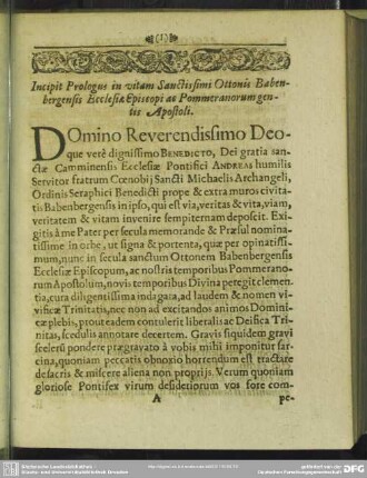 Incipit Prologus in vitam Sanctissimi Ottonis Babenbergensis Ecclesiae Episcopi ac Pommeranorum gentis Apostoli