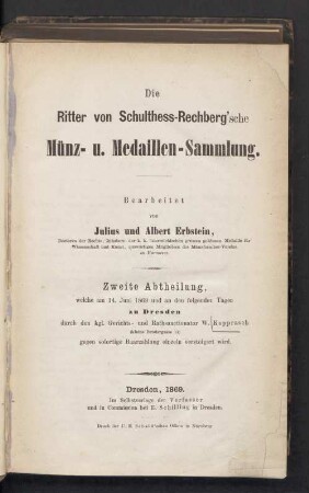 Abth. 2: Die Ritter von Schulthess-Rechenbergsche Münz- und Medaillen-Sammlung : als Anhang zum "Thaler-Cabinet" des verstorbenen Herrn K. G. Ritter von Schulthess-Rechberg