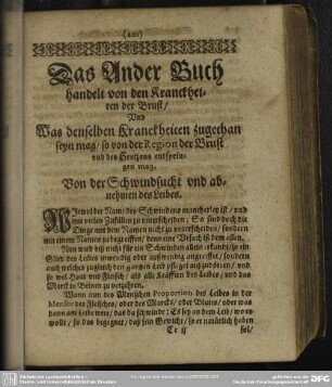 Das Ander Buch handelt von den Kranckheiten der Brust, Und Was denselben Kranckheiten zugethan seyn mag, so von der Region der Brust und des Hertzens entspringen mag.
