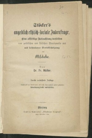 Stöcker's angeblich ethisch-sociale Judenfrage : eine allseitige Beleuchtung derselben vom politschen und sittlichen Standpunkte aus ; mit besonderer Berücksichtigung der Mischehe