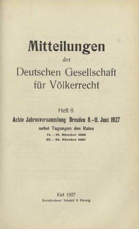 8.1927: Mitteilungen der Deutschen Gesellschaft für Völkerrecht
