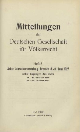 8.1927: Mitteilungen der Deutschen Gesellschaft für Völkerrecht