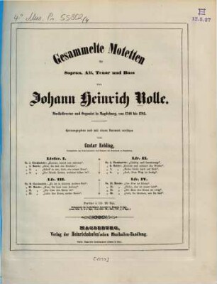Gesammelte Motetten : für Sopran, Alt, Tenor u. Bass. 4. No. 13-16. - [1855]. - Pl.-Nr. H.M.1102. - 19 S.