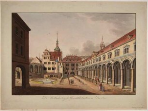 Der Stallhof am Residenzschloss in Dresden mit Langem Gang, Georgenbau, Kanzleihaus und Pferdeschwemme.