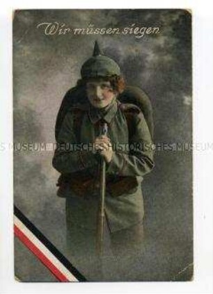Patriotische Postkarte mit Frau in Uniform