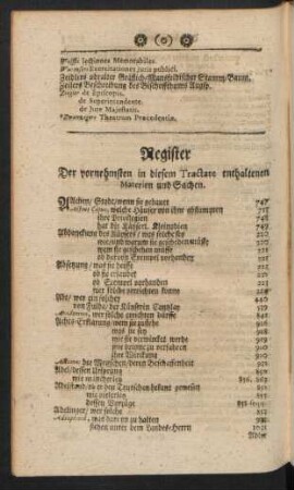 Register Der vornehmsten in diesem Tractate enthaltenen Materien und Sachen