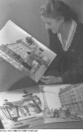 Dresden. Lydia Hoyer, Aufbauhelferin, von der sozialistischen Presse hochstilisiert wegen ihrer vielen freiwilligen, unbezahlten Aufbaustunden, 1955/57