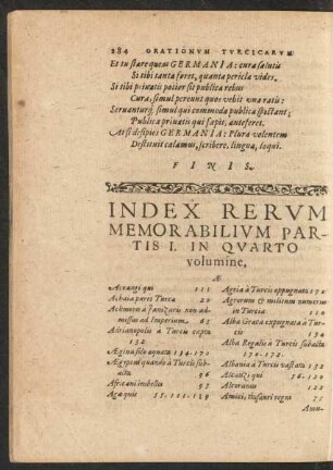 Index Rerum Memorabilium Partis I. In Quarto volumine.