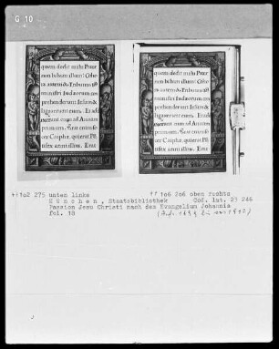 Die Passion Christi nach dem Johannesevangelium — Textseite mit einem Architekturrahmen, Folio 18recto