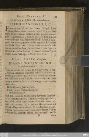 Epist. LXXIV. Pragam. Joanni Wouwereno Suavißimo Amico S. D.