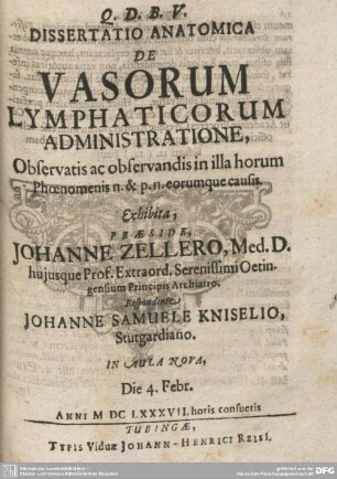 Dissertatio Anatomica De Vasorum Lymphaticorum Administratione : Observatis ac observandis in illa horum Phoenomenis n. & p. n. eorumque causis