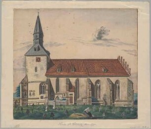 Die Kirche in Leubnitz (Dresden-Leubnitz-Neuostra) mit Staffelgiebel (1874 vereinfacht umgebaut), Blick über den Friedhof nach Norden