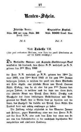Renten-Schein. Nach Tabelle VII. (Für zwei verbundene Personen, vom Tode der zuerst Sterbenden ab, auf die Hälfte ermäßigt)