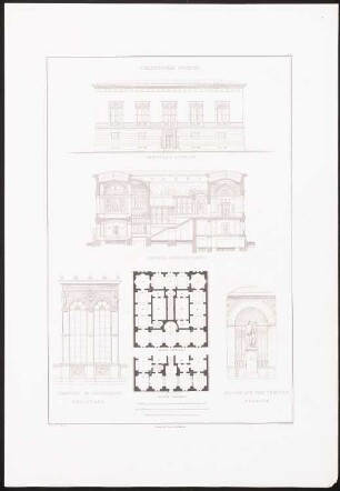 Städtisches Museum: Grundrisse 1.OG, 2.OG, Vorderansicht, Längsschnitt, Details (aus: Architektonische Entwürfe aus der Sammlung des Architektenvereins zu Berlin, H.3, 1838)