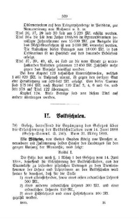 Gesetz, betreffend die Ergänzung des Gesetzes über die Erleichterung der Volksschullasten vom 14. Juni 1888 (Gesetz-Samml. S. 240). Vom 31. März 1889 : [II. Volksschulen]