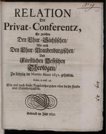 Relation Der Privat-Conferentz, So zwischen Den Chur-Sächsischen/ Wie auch Den Chur-Brandenburgischen/ Und Fürstlichen Hessischen Theologen/ zu Leipzig im Martio Anno 1631. gehalten