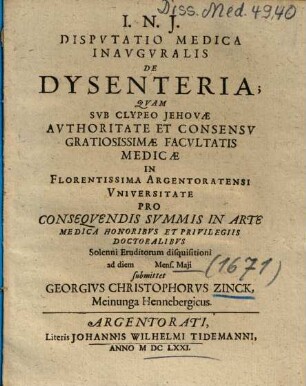 Dispvtatio Medica Inavgvralis De Dysenteria