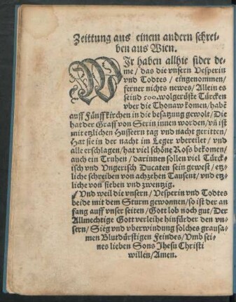 Zeittung aus einem andern schreiben aus Wien.