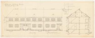 Siedlungsplan der Heimstättengesellschaft Primus Wittenau, Berlin-Reinickendorf: Wohnhaus Typ 3: Vorderansicht, Schnitt 1:50, Detail Gesims 1:100