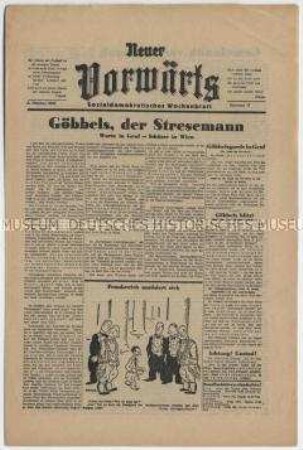 Exilausgabe der SPD-Organs "Vorwärts" u.a. über den Auftritt von Goebbels auf der Genfer Abrüstungskonferenz