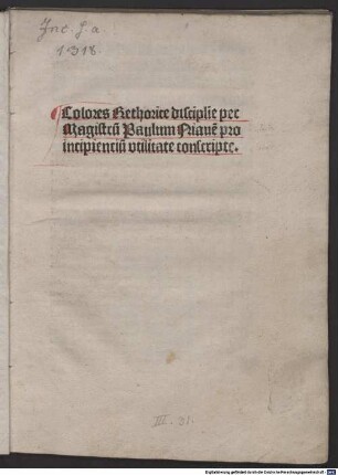 Colores rhetoricae disciplinae : mit Widmungsbrief des Autors an den Presbyter Erasmus