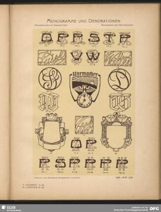 Dekorationen [Schilder], Embleme [Uhrmacher], Namen als Monogramm