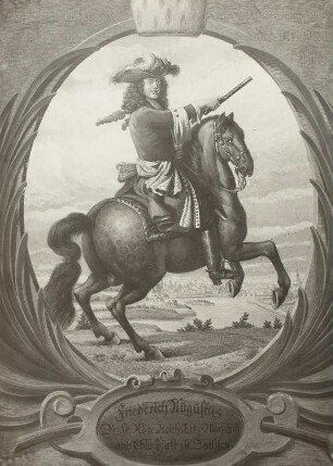 Friedrich August I., der Starke, als König von Polen II, zu Pferd (Hintergund Dresden)