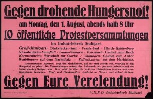 "Gegen drohende Hungersnot!" Aufruf zu öffentlichen Protestveranstaltungen im Raum Stuttgart