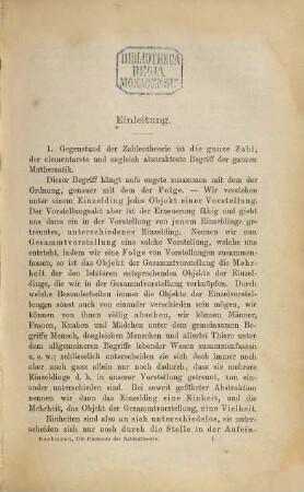 Zahlentheorie : Versuch einer Gesamtdarstellung dieser Wissenschaft in ihren Haupttheilen, [1]. Die Elemente der Zahlentheorie