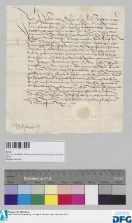 Lizentiat Johanns Gessel, Fiskalsubstitut, stellt dem Dr. Johann Rechlinger, Kammergerichtsprokurator, anstatt der Stadt Nürnberg Quittung aus über 20 fl. für seine Vertretung der Sache des Contz Schott.