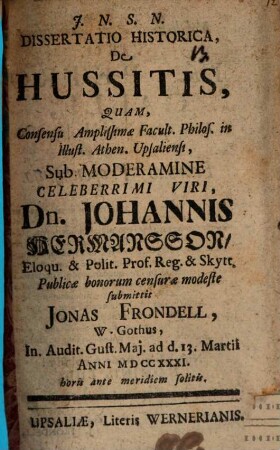 Diss. hist. de Hussitis