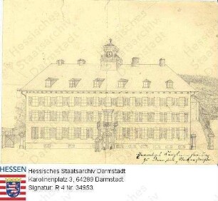 Darmstadt, Kriegsministerium in der Neckarstraße (Fassade) / rückseitig: sogen. 'Schwedenburg', Neckarstraße 6, mit Beschreibung ihrer Bewohner