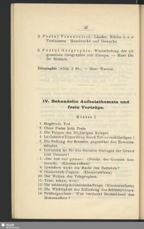 IV. Behandelte Aufsatzthemata und freie Vorträge