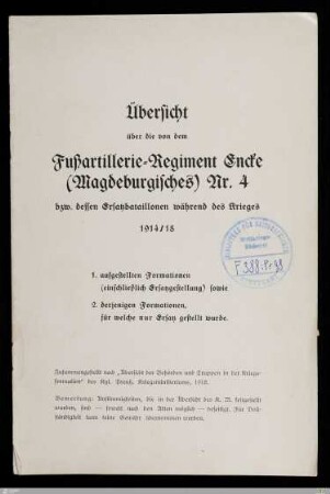 Übersicht ... Fußartillerie-Regiment Encke (Magdeburgisches) Nr. 4