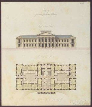 Aufriss der vorderen Fassade und Grundriss des unteren Geschosses