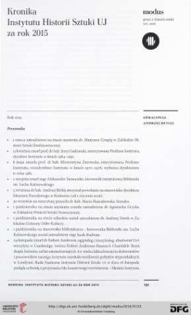 16: Kronika Instytutu Historii Sztuki UJ za rok 2015