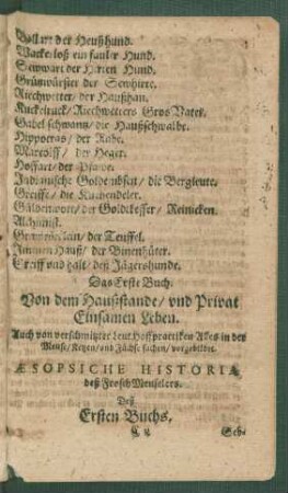 Aesopsiche Historia deß Frosch Meuselers. Deß Ersten Buchs.