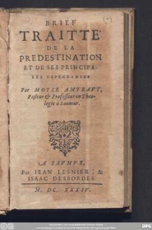 Brief Traitte De La Predestination Et De Ses Principales Dependances