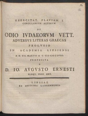 Exercitat. Flavian. I. Corollarivm Altervm De Odio Ivdaeorvm Vett. Adversvs Literas Graecas